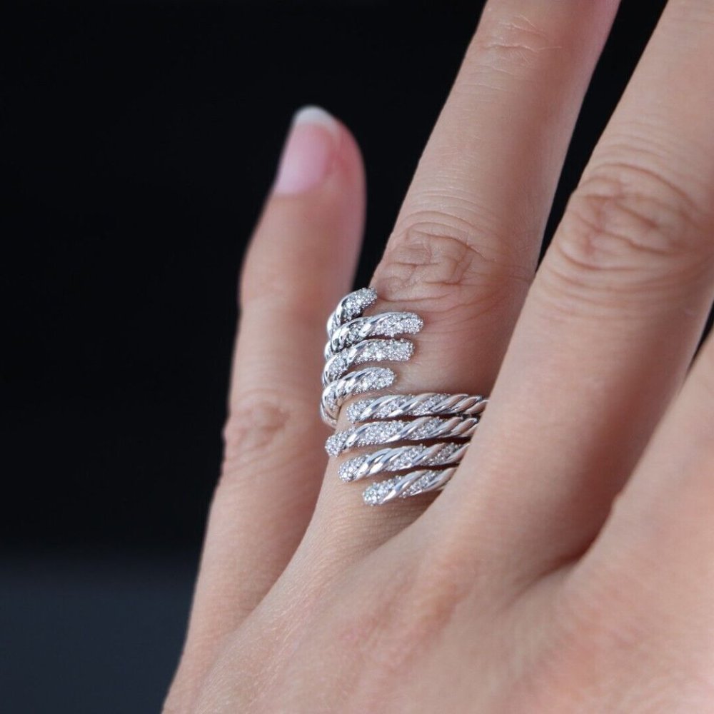 David Yurman Sterling Silver Pave Diamond 4 Row Willow Cocktail Ring Band 6 - Picture 3 of 7